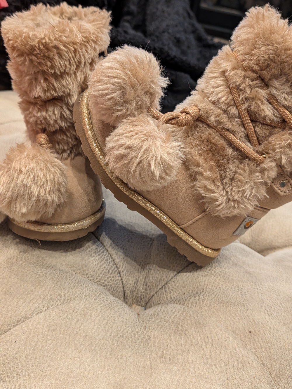 Cozy Faux-Fur Pom Pom Kids Boots - Tan